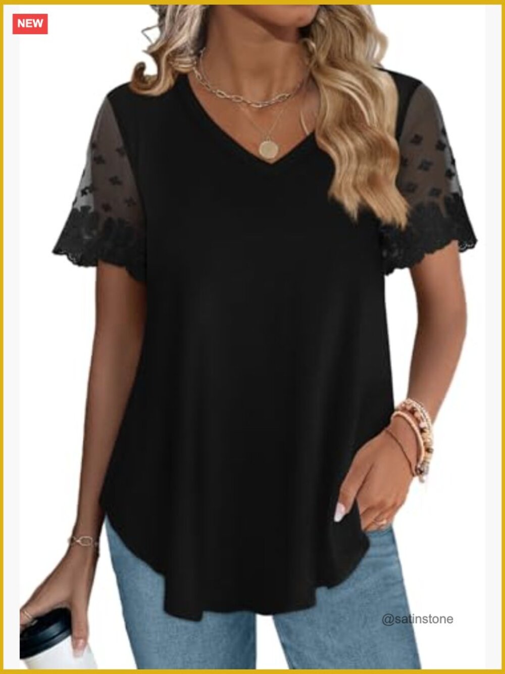 V Neck Lace Short Sleeve T Shirts for Women Curved Hem Loose Fit Tee - Picture 4 of 7